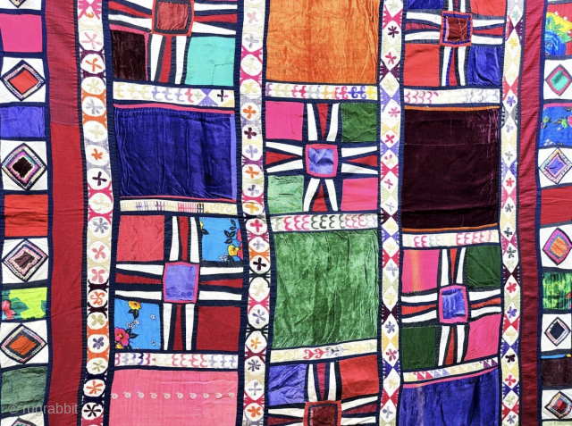 Uzbekistan - Surkandarya patchwork small blanked cover & bed cover. Silk ikats and velvet fabrics and cotton used in this bed cover. Size : 57'' x 62'' - ''145 cm x 159  ...