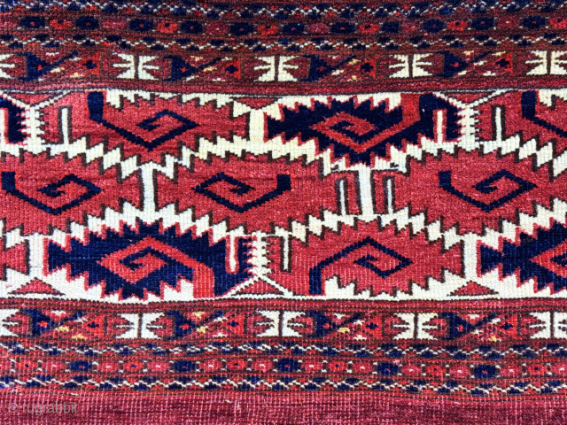 Antique Turkmen Saryk Torba Face. Full pile survived in great condition. It is one from long group. Natural colors from vegetable dyes. Size - ''139 cm x 43 cm'' turkmansilver@gmail.com. 

  