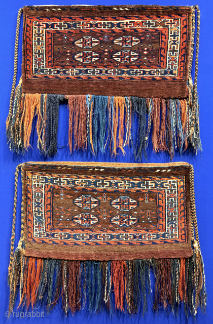 Antique Turkmen Yomud pair of Torba with backing. Size - ''60 cm x 53 cm'' turkmansilver@gmail.com.                 