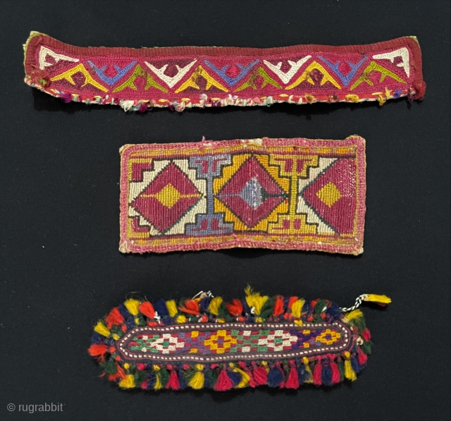 Central-Asian 3 Pieces Antique Lakai Silk Embroidered Textile Parts. Circa - 1900 Size - ''25.5 cm x 3.5 cm x 15 cm x 7 cm x 16 cm x 5 cm'' Thank  ...