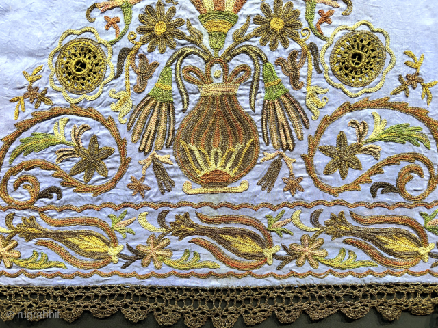 Antique Ottoman metallic embroidered fragment. Extreme fine metallic embroidered on silk with all natural colors and with Ottoman floral and tulip motifs. (35.5'' x 19'') x (''90 cm x 48 cm''). turkmansilver@gmail.com. 