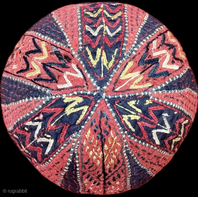 Antique Turkmen Yomud silk embroidered on hand loomed fabric child hat & skullcap. Size - 3'' x 17'' - ''Height : 8 cm - Circumference : 43 cm'' turkmansilver@gmail.com.    
