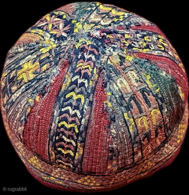 Antique Turkmen - Tekke tribal silk embroidered child skullcap & hat. Size - 3.5'' x 16'' - ''Height : 9 cm x Circumference : 41 cm'' turkmansilver@gmail.com.      
