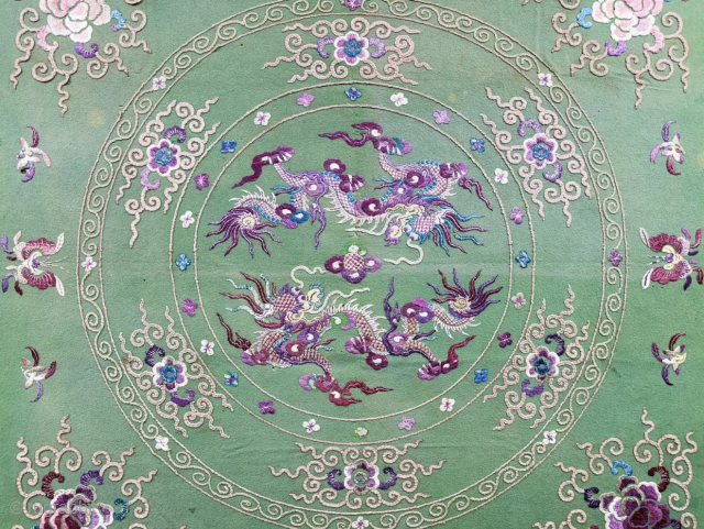 Chinese Silk Embroidered Bokhca & Hanging Decoration. Saturated natural colors. Dragons in fight in center. Few tiny wears. Overal in great condition with printed cotton backing. Size - 48.5'' x 45'' - ...