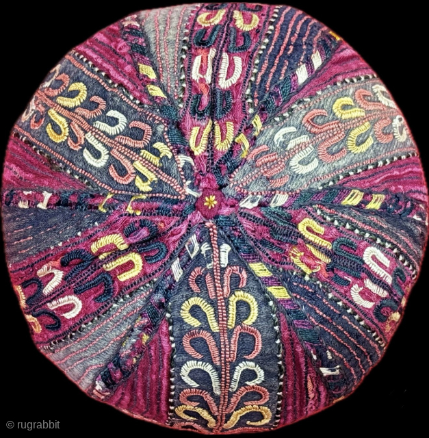 Antique Turkmen Tekke silk embroidered child skullcap & hat. Size - 3'' x 17'' - ''Height : 8 cm - Circumference : 43 cm'' turkmansilver@gmail.com.        
