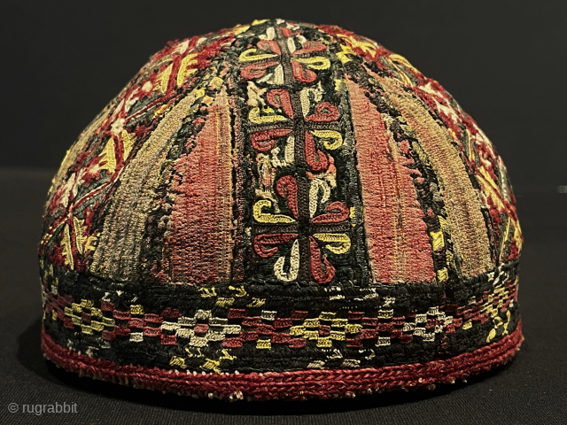Antique Turkmen Tekke Tribe Child Hat. Silk Embroidered on Hand Loomed Fabric. Circa - 19th Century. Size - Height : 10 cm - Circumference : 47 cm. turkmansilver@gmail.com     