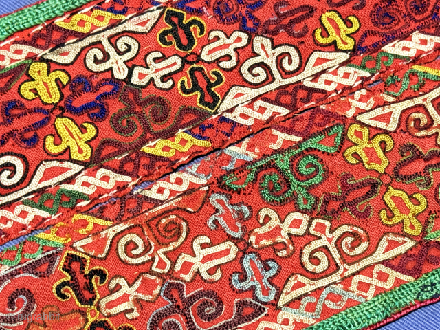 Antique Turkmen Chodor silk embroidered fragments. Circa - 1900 or earlier. Size : (13.5'' x 3'') - (''34.5 cm x 8 cm''). turkmansilver@gmail.com.          