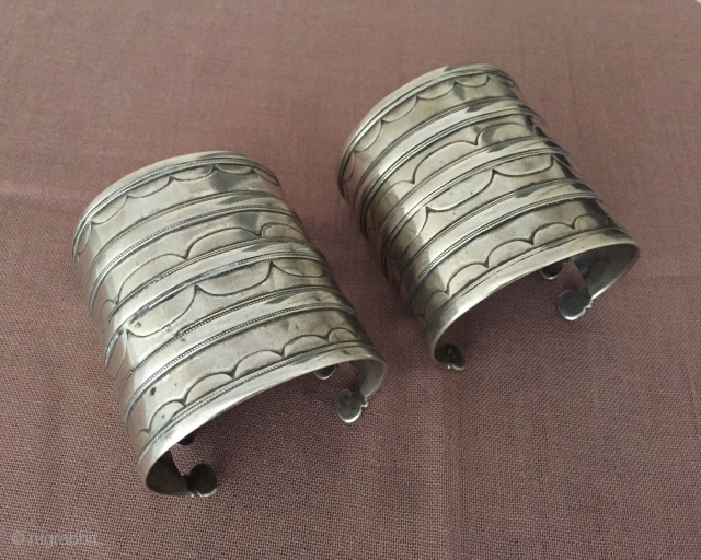 Central - Asia Turkmen pair of ethnic tribal old silver cuff bracelets ( Arm - band ) Circa - 1900 Size - 6.5 cm x 6.5 cm - İnnir circumference : 13.5  ...