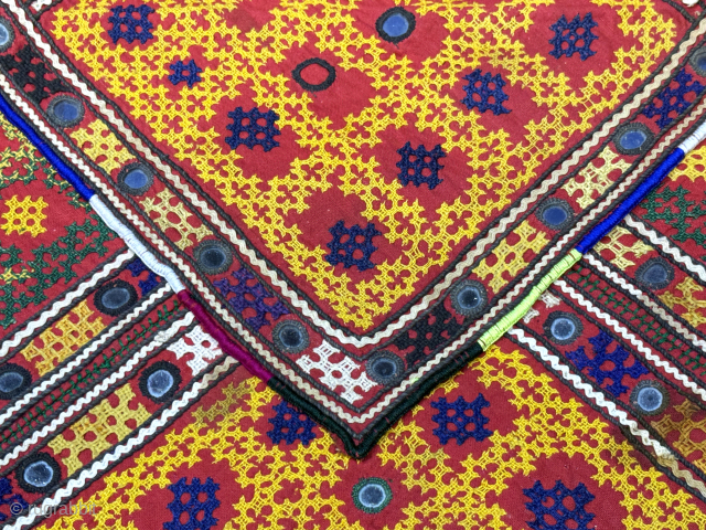 Antique Gujarat silk embroidery vanity bag with old glass. All Natural Dys. Extreme fine silk embroidery on both sides. Printed Russian cotton lining. Size - 16'' x 16'' x 25'' - ''41.5  ...