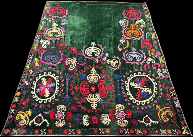 Antique Tajikistan fine silk embroidered horse blanket. Size - 55'' x 63'' - ''140 cm x 160 cm'' turkmansilver@gmail.com              