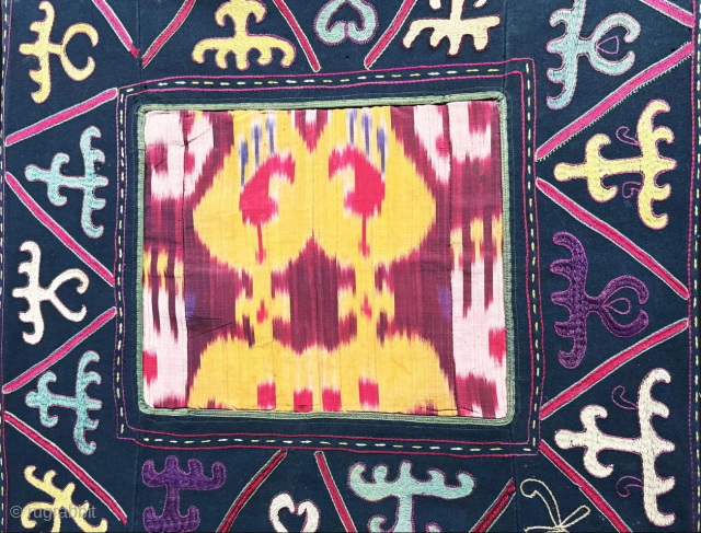 Kyrgyzystan Silk Embroidered Aina Khalta & Mirror Cover with İkat and Zoomorphic Motifs. It is in good condition. It has a cotton ikat backing. Size - ''60 cm x 56 cm'' turkmansilver@gmail.com. 