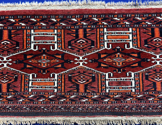 Antique Turkmen saryk torba kejebe design. The white color is cotton. Natural colors from vegetable dyes. An amazing quality wool and cotton woven greatly with care. Fairly in good condition. Circa -  ...
