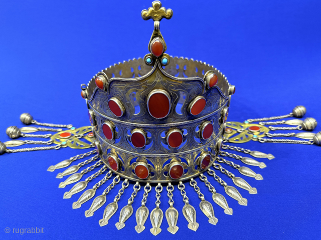 Turkmen ceremonial women silver crown. An crown item for Turkmen tribes to use it on wedding and other important days. It has great patina from use and survived in respectful dowries to  ...