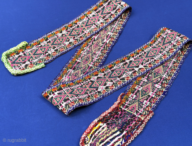 Antique Nomadic ceremonial all fine wool embroidered belt. Saturated colors and ethnographic design talismanic belt. Size - 57'' x 3'' - ''145 cm x 7.5 cm'' turkmansilver@gmail.com.      