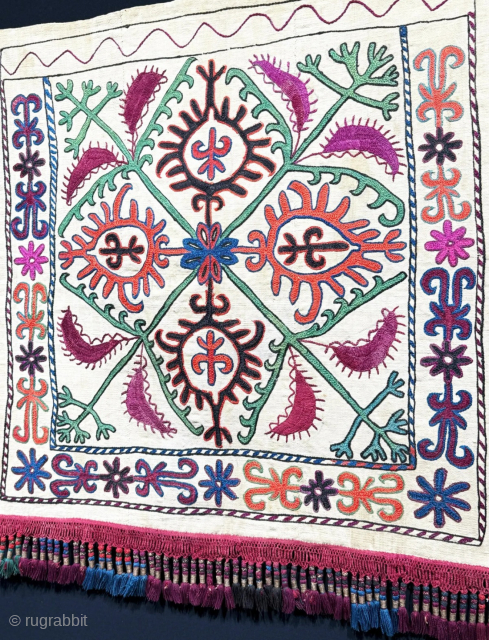 Kyrgysyztan Silk Embroidered Yurt Hanging Decoration. Mostly silk and only red color wool embroidered on hand loomed cotton with silk tassels. Size - 23'' x 26.5''  -  ''58 cm x  ...