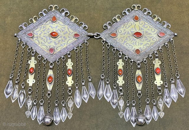Antique Turkmen - Tekke Silver Headpieces with dangles and carnelian. Circa - 1900s. It is in great condition. (8.5'' x 11'') x (''22 cm x 28 cm'') x Weight : 290 gr. ...