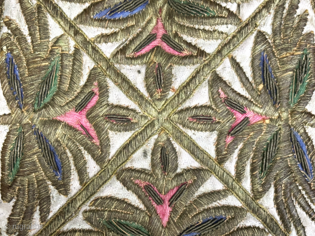 Uzbekistan - Bokhara gold metallic embtoidered child skullcap & hat. Chain stitch embroidery trim with floral motifs. Russian printed cotton lining. In good condition. Height : (3.5'' x 9 cm'') x Circumference ...