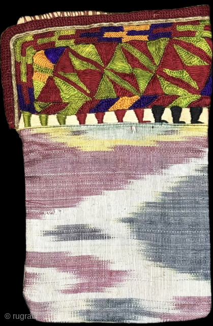 Turkmen silk embroidered and ikat pul khalta & wallet. Linen with plain cotton. İt is in good condition. Size : (9'' x 6'') x (''23 cm x 15 cm''). turkmansilver@gmail.com.