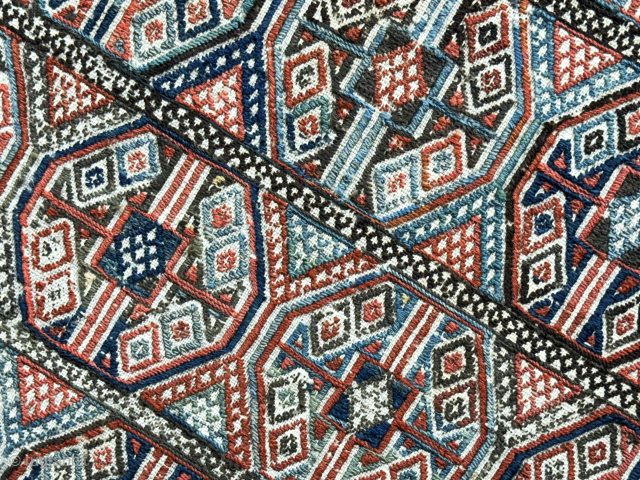Caucasus antique verneh kilim. Very fine wool extra weft weave on cotton foundation. Natural colors from vegetable dyes of madder red and indigo blue along with some yellows. Circa - 1900 or  ...