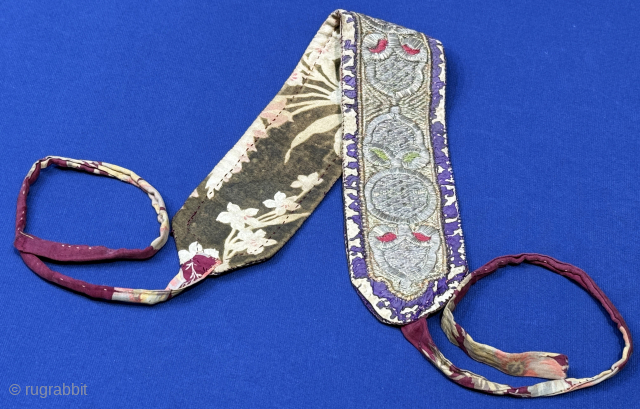 Antique Bokhara ceremonial silk and metallic embroidered headband. Circa - 1900s. Size - 16'' x 2.5'' - ''41.5 cm x 6.3 cm'' turkmansilver@gmail.com.          