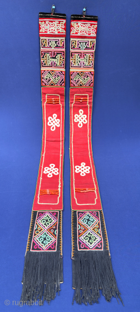 Tibet Antique pair of Chinese silk embroidered hanging decorations with coral and tassels. The old hand embroidery demonstrating extremely fine craftsmanship. Size - 45.5'' x 4'' - ''115 cm x 10 cm''  ...
