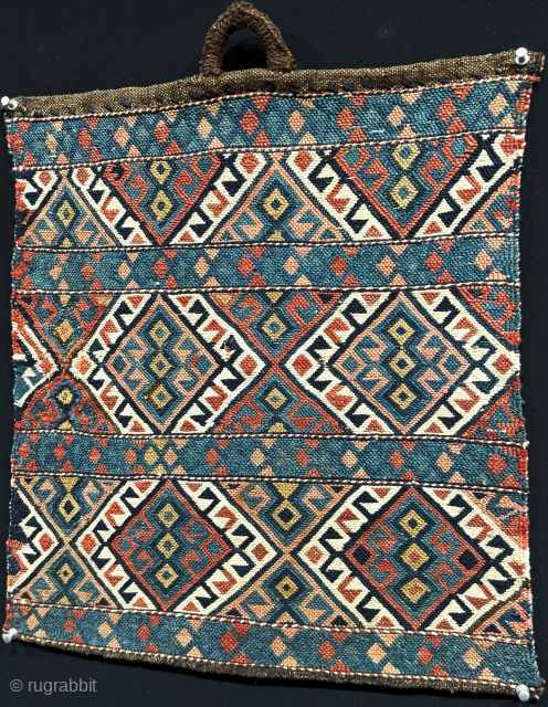 Azerbaijan Shahsavan Sumak extra weave bag face. Natural colors from vegetable dyes. Fairly in good condition. Size - 17.5'' x 19'' - ''44 cm x 48 cm'' turkmansilver@gmail.com.     