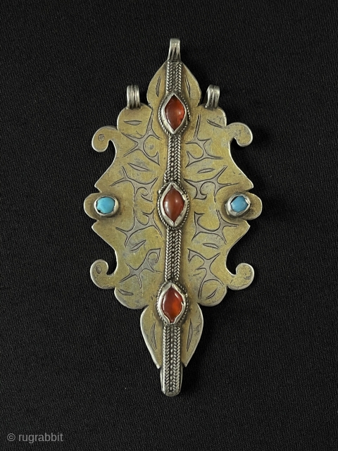 Central-Asian Antique Turkmen Tribal Silver Pendant Gilded with Carnelian and Turquoise Great Condition Fine Pretty Pendant Circa - 1900 Size - ''12 cm x 6 cm'' - Weight : 45.5 gr. Thank  ...