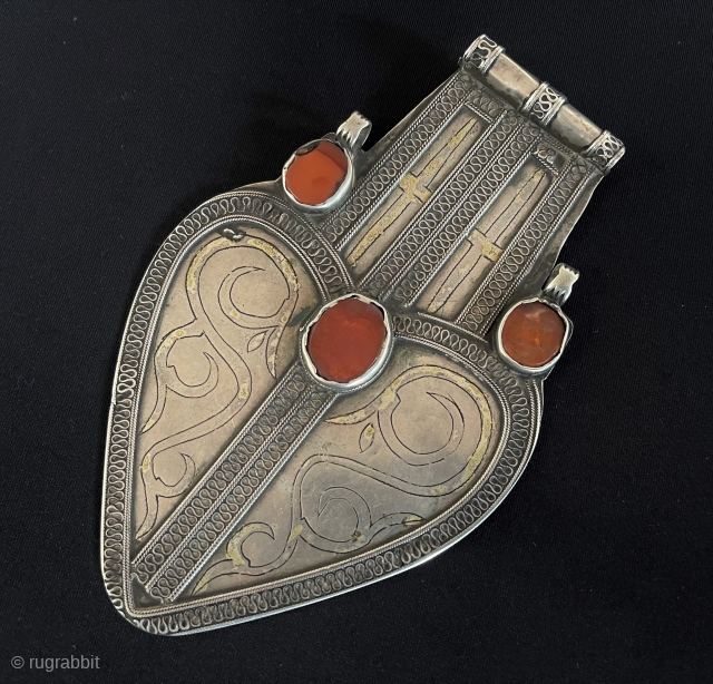 Central-Asian Antique Turkmen Tribal Talismanic Silver Asyk-Pendant Gilded and with Carnelian Circa - 1900s Size - ''16.5 cm x 10.5 cm'' - Weight : 124 gr. Thank you for visiting my Rugrabbit  ...