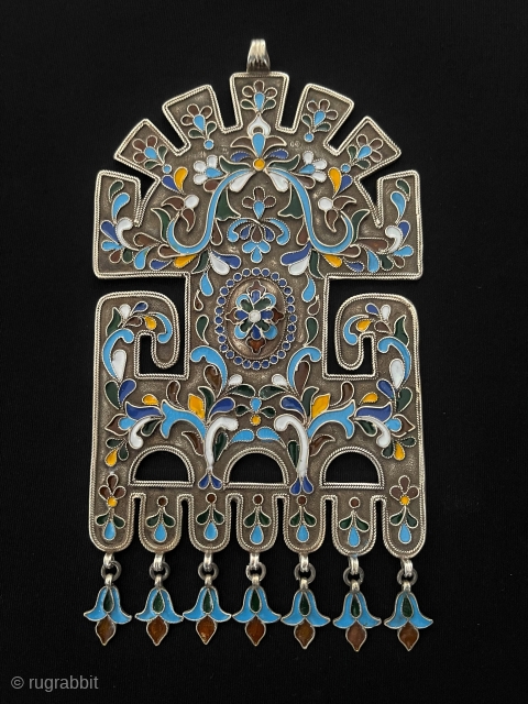 Antique Bukhora Talismanic Design Tribal Silver Enamel Pendant with Tassel. Great Condition! Size - Height with Tassels : 17 cm - Width : 9.5 cm - Tassels : 2 cm - Weight  ...
