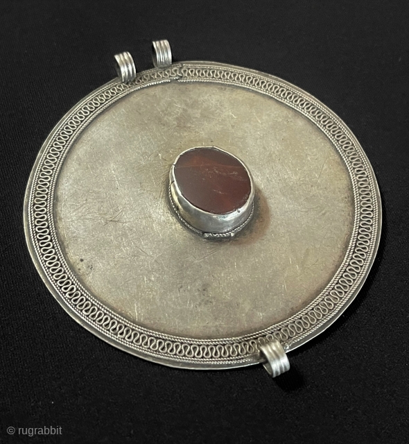 Central-Asian Antique Turkmen Ersary Tribal Silver Amulet Pendant with Carnelian Circa - 1900 Size - ''10 cm x 11 cm'' - Circumference : 32 cm - Weight : 79.5 gr.   