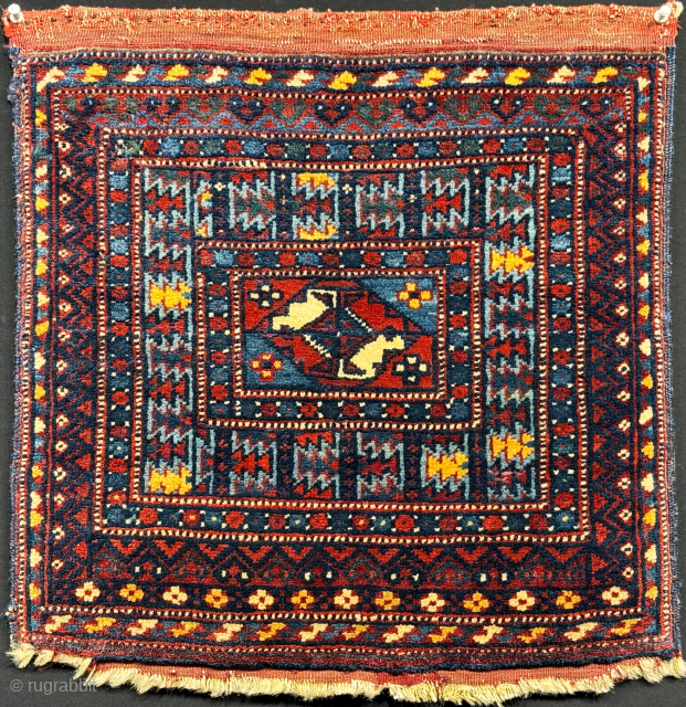 Antique Baluch all wool bag face with Turkman ''Gul'' in center. Fine wool with natural colors. Size - 18.5'' x 19'' - ''47 cm x 48 cm'' turkmansilver@gmail.com.     