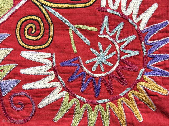 Central Asian Lakai talismanic silk embroidered mirror cover. Saturated natural colors with traditional Lakai Kungrat zoomorphic motifs. Size : 21.5'' x 21'' - ''55 cm x 55 cm'' turkmansilver@gmail.com.