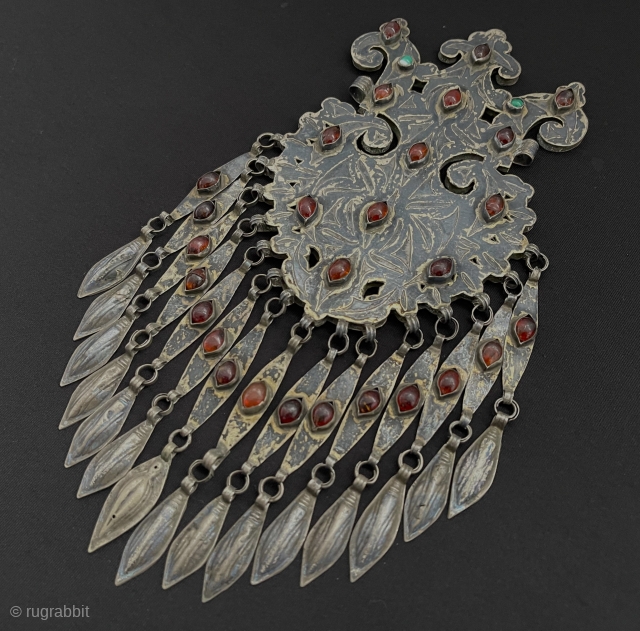 Antique Turkmen Tekke Tribe Silver Gurbakka Talisman Pendant with Silver Tassels & Gilded with Carnelian Original Ethnic Tribal Turkmen Art Jewelry. Circa - 1900 Size - ''25 cm x 10.5 cm'' -  ...