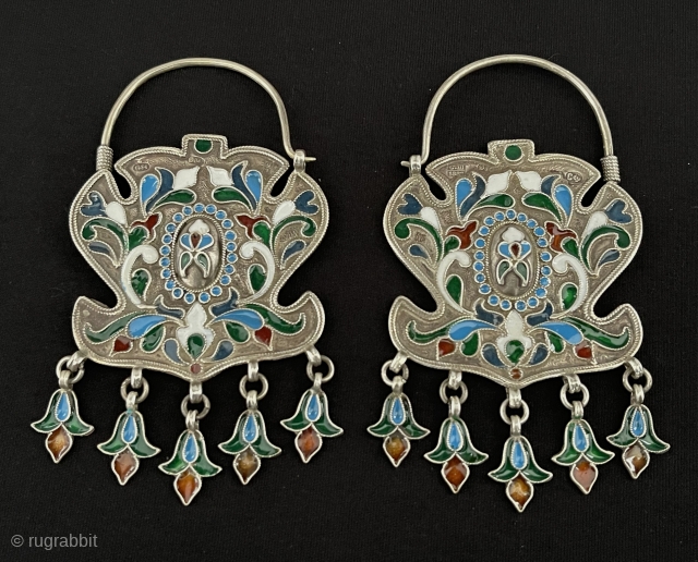 Antique pair of Bukhara Silver Enamel Earrings. Size - ''10.5 cm x 5.5 cm'' - Weight : 68 gr. turkmansilver@gmail.com             
