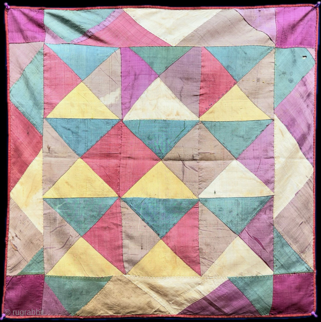 Antique Azerbaijan silk triangle patchwork bokhca. Circa - 1900 or earlier. Size : 25.5'' x 25.5'' - ''65 cm x 65 cm'' turkmansilver@gmail.com          