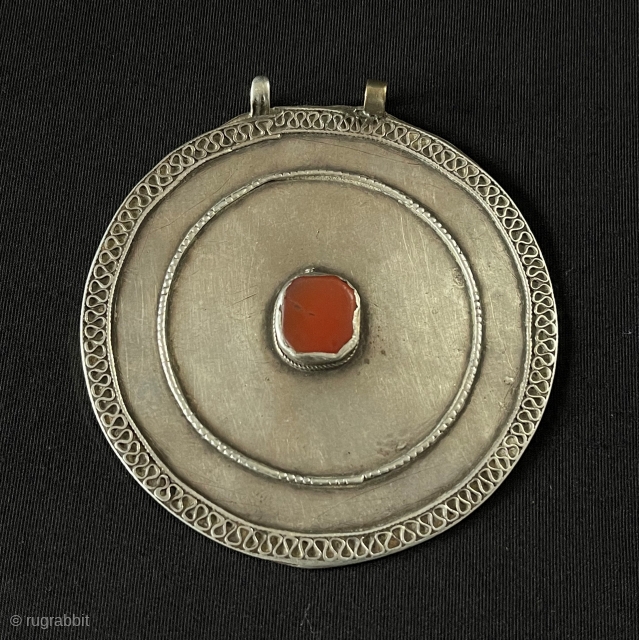 Antique Turkmen Talismanic Tribal Silver Pendant with Carnelian Circa - 1900 Excellent Condition. Size - ''9.5 cm x 9.5 cm'' - Circumference : 30.5 cm - Weight : 54 gr.   