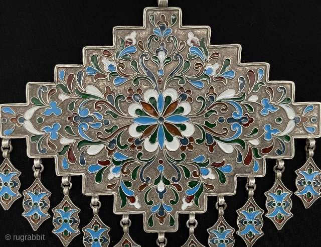 Antique Uzbekistan - Bukhara Tribe Silver Enameld Necklace with Silver Tassels. Uzbek Art Jewelry Collector. Great Condition ! Size - ''17 cm x 18 cm'' - Weight : 165 gr. turkmansilver@gmail.com  