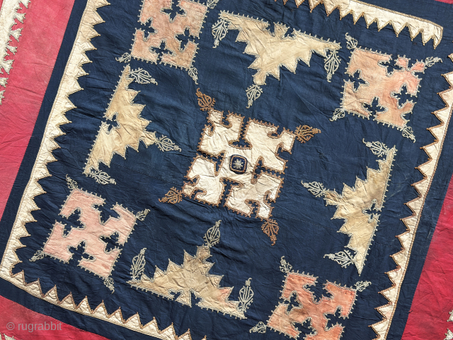 Antique Syria patchwork bokhca & hanging. An ethnic colorful patchwork with silk and metallic embroidery on cotton and linen pieces. İt is in great condition. Size : 46'' x 46'' - ''117  ...