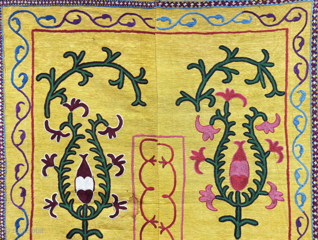 Uzbekistan silk embroidered antique nim suzani. Fine chain stitch silk embroidery on very fine hand loomed cotton. İt has no backing. Size : 59'' x 23'' - ''150 cm x 58 cm''  ...