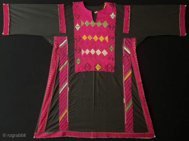 Pakistan Swat Valley Tribal Silk Embroidered Women Dress. Couching embroidery floss silk embroidery on plain black cotton. Size - Height : 117 cm x Arm to Arm : 160 cm x Armpit  ...