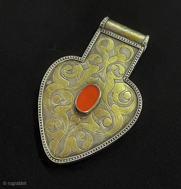 Central-Asian Antique Turkmen Tribal Silver İskendery Design Asyk Pendant Fine Gilded with Carnelian Great Condition Circa - 1920 Size - ''9.5 cm x 6 cm'' - Weight : 72 gr.   
