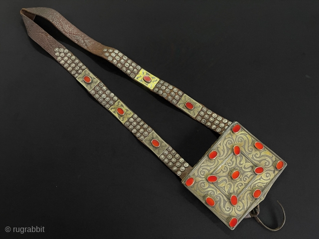 Antique Turkmen Ethnic Tribal Silver Bag & Heikel Fire Gilded Carnelian with Old Leather. Very Fine Handcrafted. This is Turkmen Art Jewelry. Circa - 1900 Size - ''12 cm x 15 cm''  ...