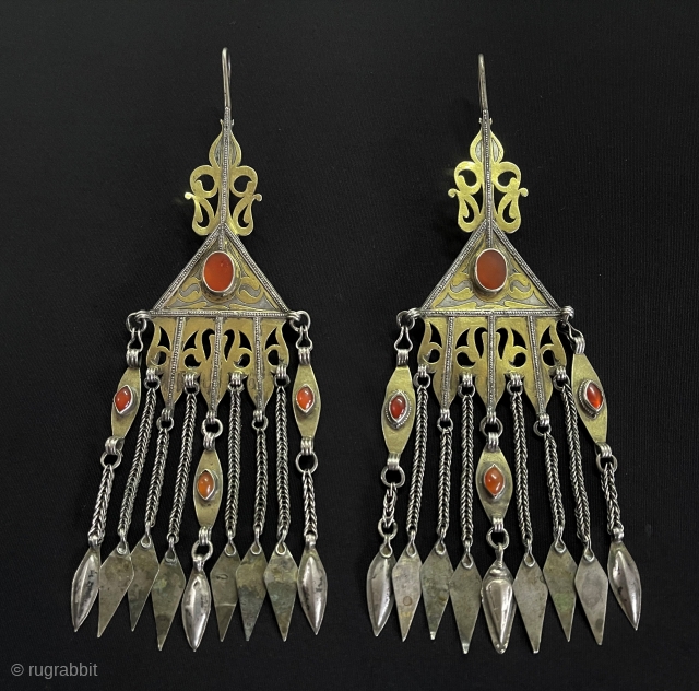 Central-Asian A pair of Turkmen Tribal Silver Earrings Fire Gilded with Carnelian & Headpiece Accesories. Turkmen women use it in weddings and special occasions. Size - ''22 cm x 6 cm'' -  ...