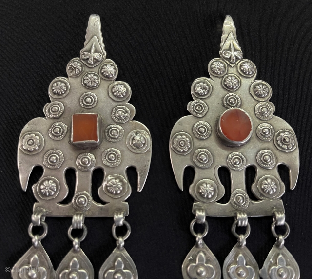 Antique Pair of Turkmen - Yomud Traditional Silver Hair Jewelry & Headpiece Accessories. Turkmen Art Collector Jewelry. Excellent Condition Circa - 1900 Size - ''37.5 cm x 6.5 cm'' - Weight :  ...