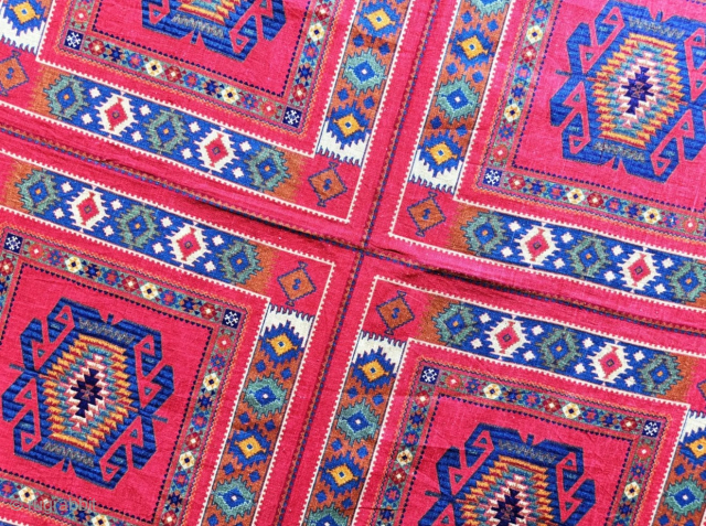 Azerbaijan block printed cotton with rug - kilim dizayn hanging. Fairly survived in great condition. All natural dyes are used in block printing. Size : (75.5'' x 33.5'') - (''192 cm x  ...