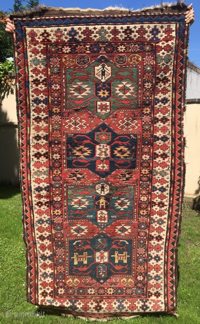 Great Caucasian rug from Karabagh probably made by Shahsavan!! Deep from the 19th century. Size: 220 cm x 112 cm approx. Some problems on the sides and lower pile in the lower  ...