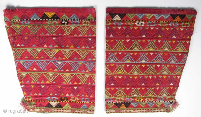  Turkmen cuffs, silk embroidery on silk backing, late 19th century, each c 10" x 8.25", Rare type, beautiful colors.  Bought in Northern Afghanistan in late 1970s.     