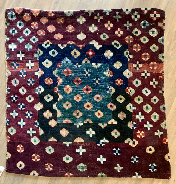 This lovely Tibetan seating square  made ca 1900 was sourced in Tibet nearly 25 years ago, had some repairs done there including new ends.  Design is based on tie dye  ...