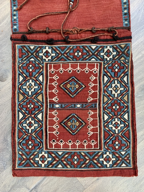  super antique sumac double bag from Karabagh region Azerbaijan can 1900 size 109 x 34 cm.  Lovely glowing natural colours excellent condition one tiny hole to centre. Available   