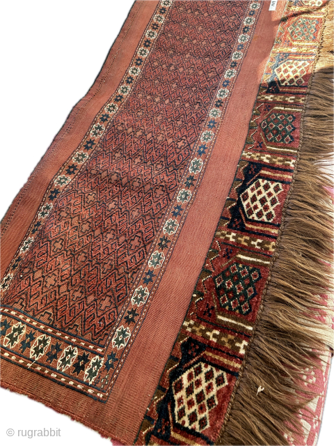 Another rarity, possibly unique. This late 19 c Ersari trapping is flat woven at the top but the elim is piled. Purchased from Bernheimer Munich in the 1980 ...